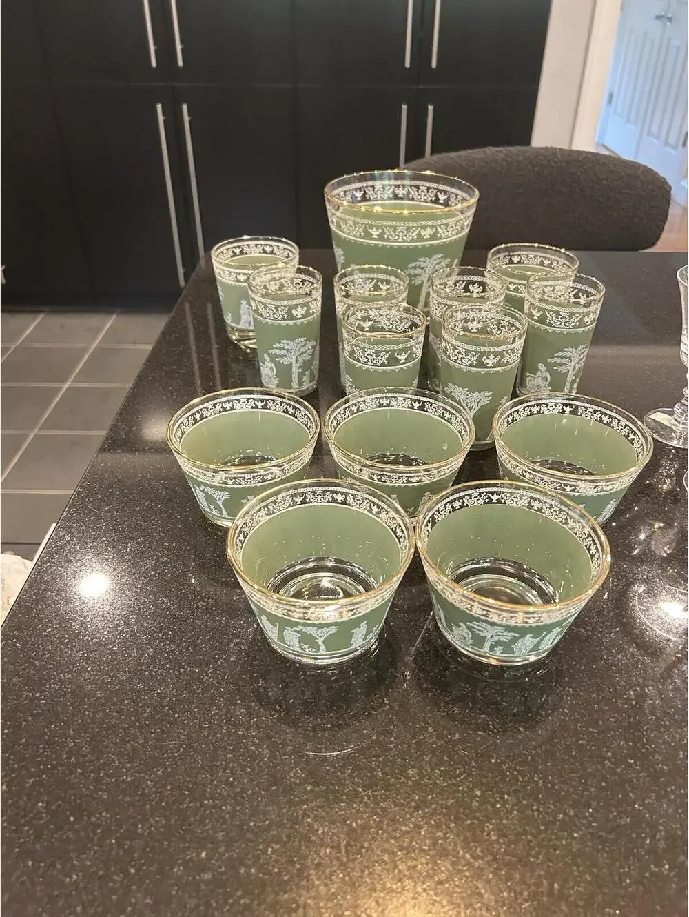 VTG Jeanette Wedgwood Hellenic Grecian Green Roman ice bucket and other glasses